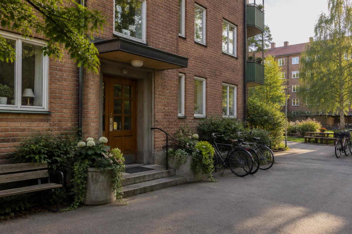 Tegelhus i ett grönskande kvarter i Årsta